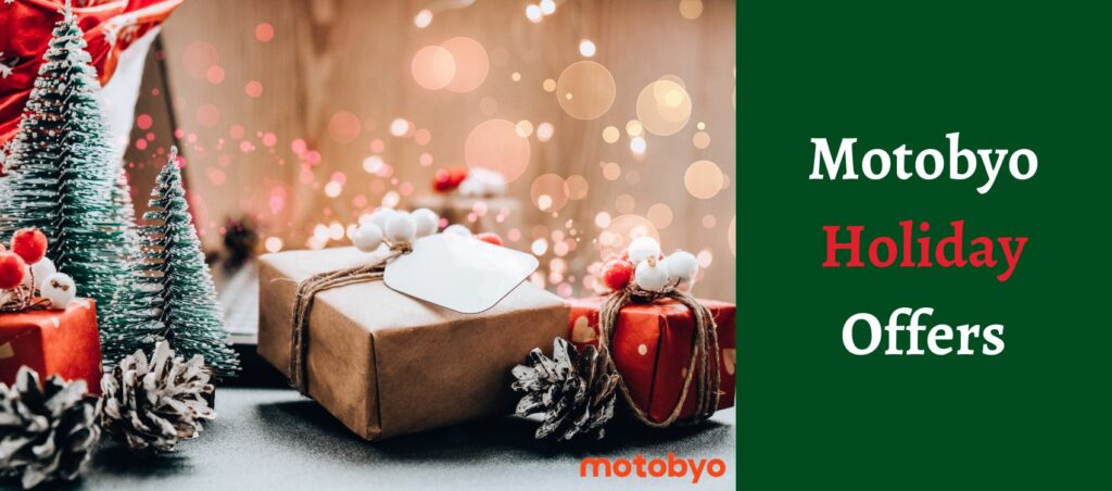Holiday decorations and presents next to Motobyo Holiday Offers title