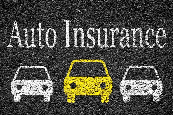 2 white cars and 1 yellow car drawn in chalk under the words auto insurance