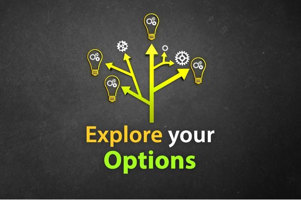 The words "Explore your options" with arrows branching off leading to light bulbs and gears
